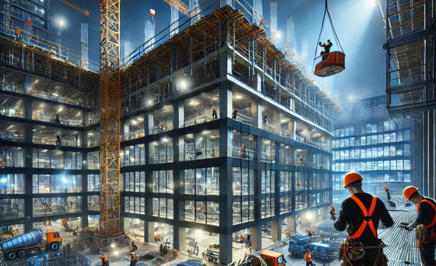 Skilled workers constructing a large commercial building at a modern construction site in Riyadh, Saudi Arabia. The image highlights expertise in commercial construction, general contracting, and building material supply by a leading construction company.