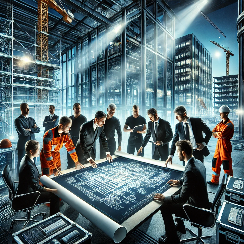 A team of architects and engineers collaborating over a blueprint at a construction site, highlighting planning and teamwork in modern construction projects.