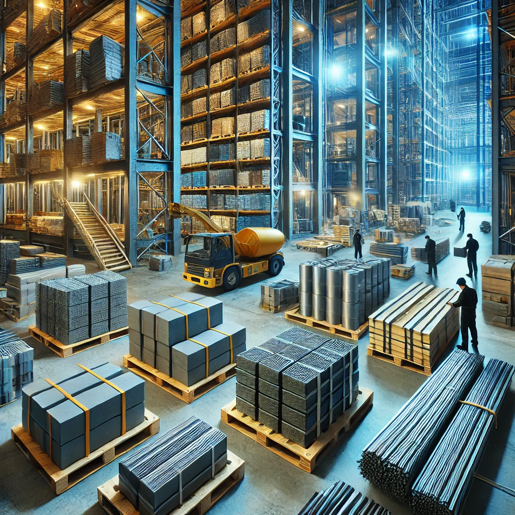 Stacks of high-quality building materials, including concrete blocks, steel bars, and wooden planks, at a modern construction site in Riyadh, Saudi Arabia."