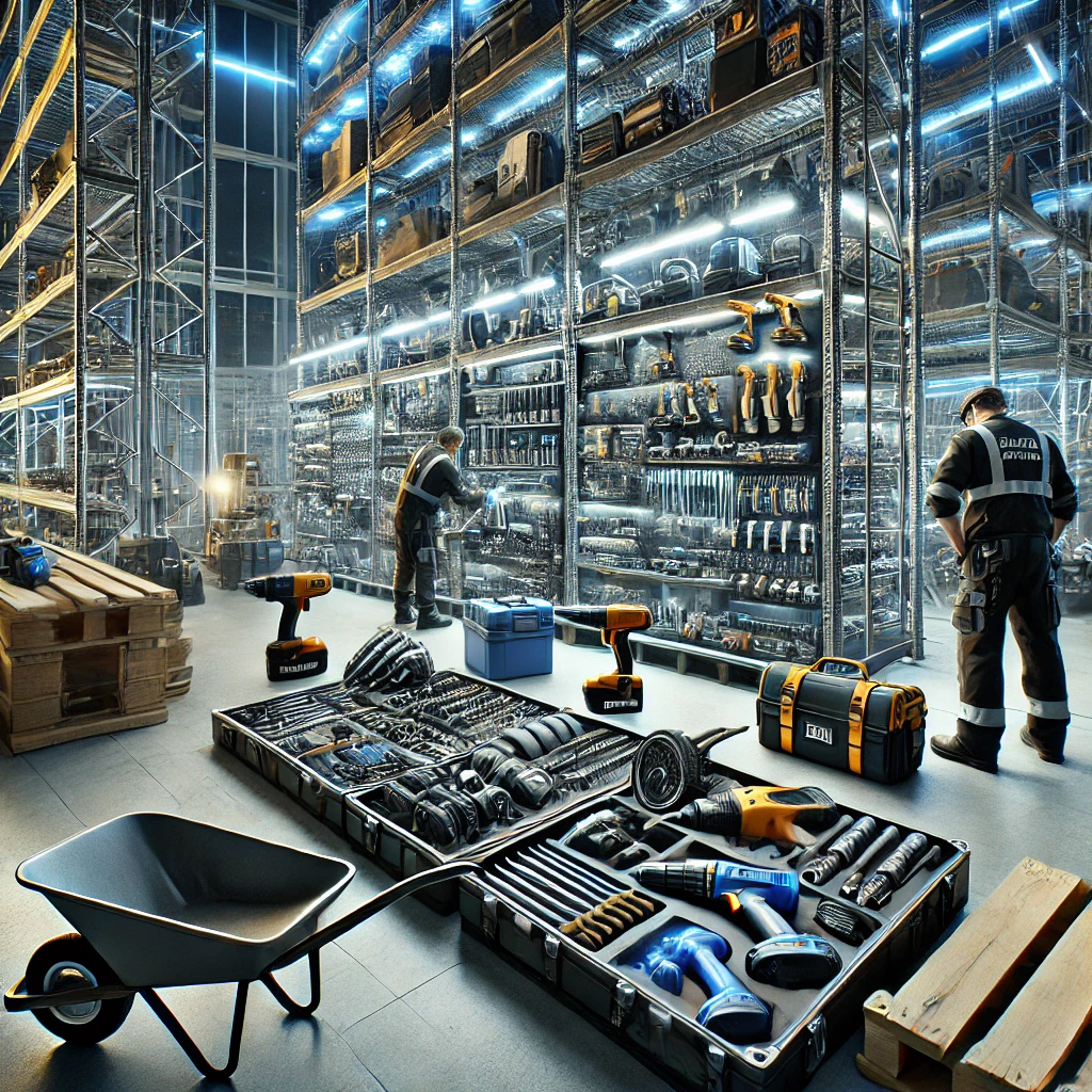 High-quality construction tools and equipment, including drills, saws, and hammers, at a modern construction site in Riyadh, Saudi Arabia.