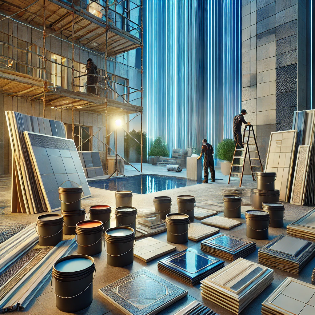 High-quality finishing materials, including tiles, paint buckets, and decorative moldings, at a modern construction site in Riyadh, Saudi Arabia.