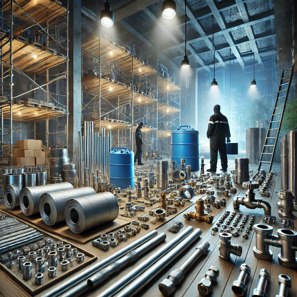 Premium plumbing supplies, including pipes, valves, and fittings, at a modern construction site in Riyadh, Saudi Arabia.