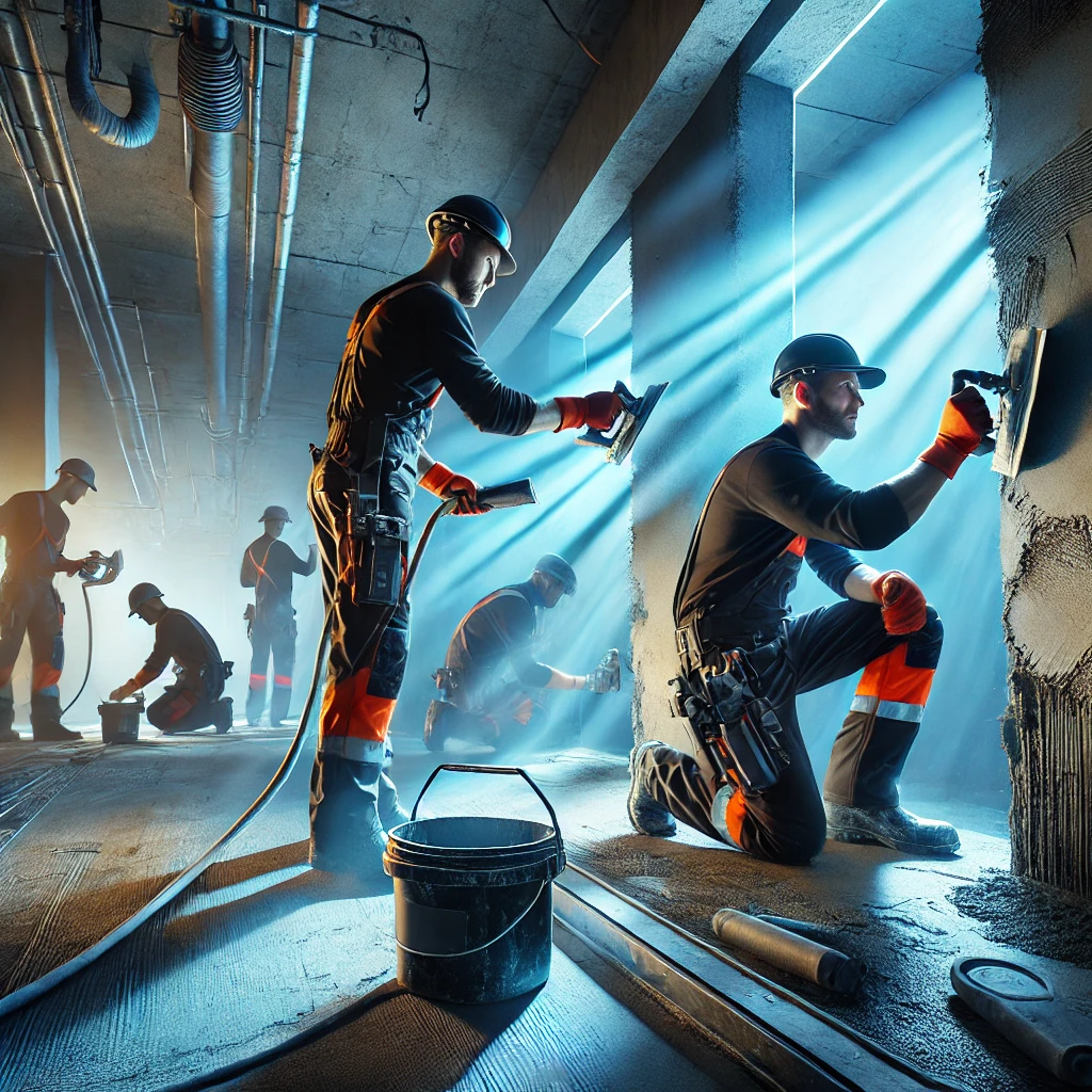 Skilled workers applying smooth and even plaster to walls at a construction site in Riyadh, Saudi Arabia. The image represents professional plastering services by a leading construction company, ensuring surfaces are prepared perfectly for decoration.