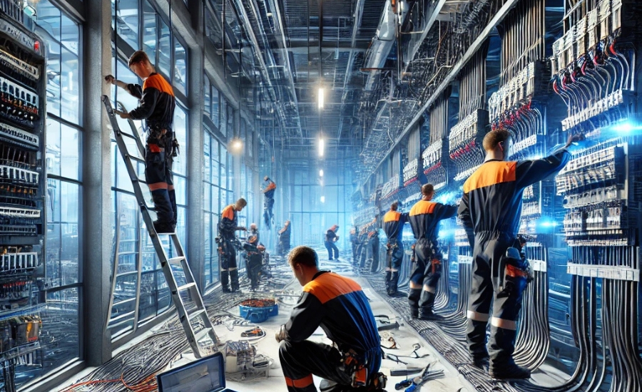 Skilled electricians performing electrical installations, including power distribution, lighting, and control systems at a modern construction site in Riyadh, Saudi Arabia.