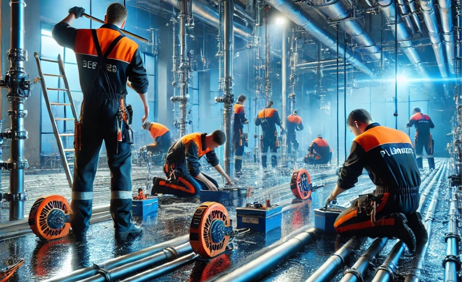 Skilled plumbers installing water and drainage systems at a modern construction site in Riyadh, Saudi Arabia. The image highlights expertise in delivering efficient plumbing solutions.