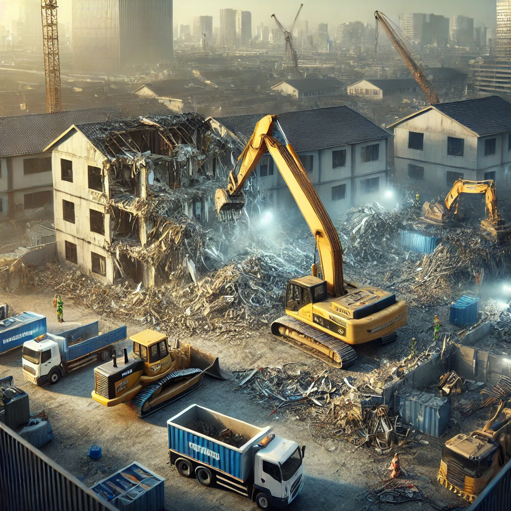 Ultra-realistic image of a demolition process in progress, with heavy machinery and workers ensuring safe and precise dismantling.