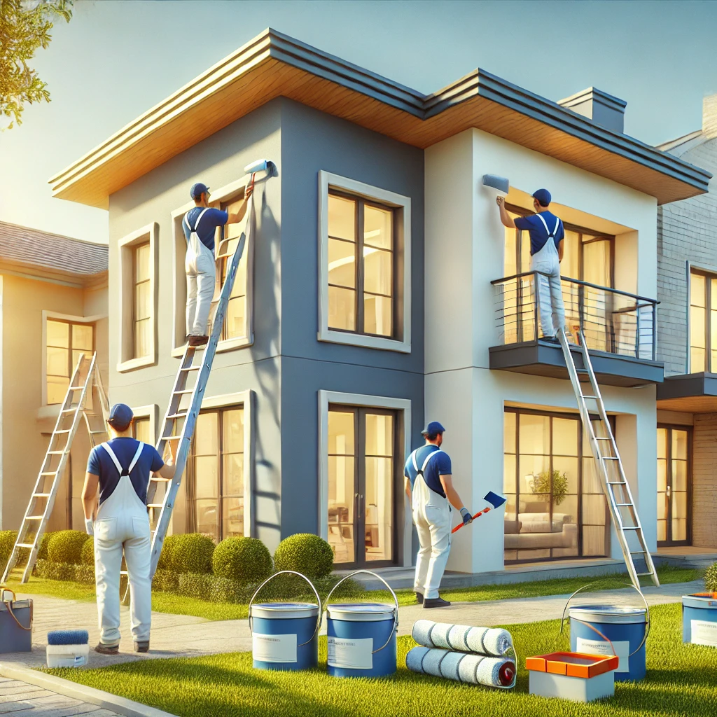 House painters applying paint to a modern two-story home with ladders.