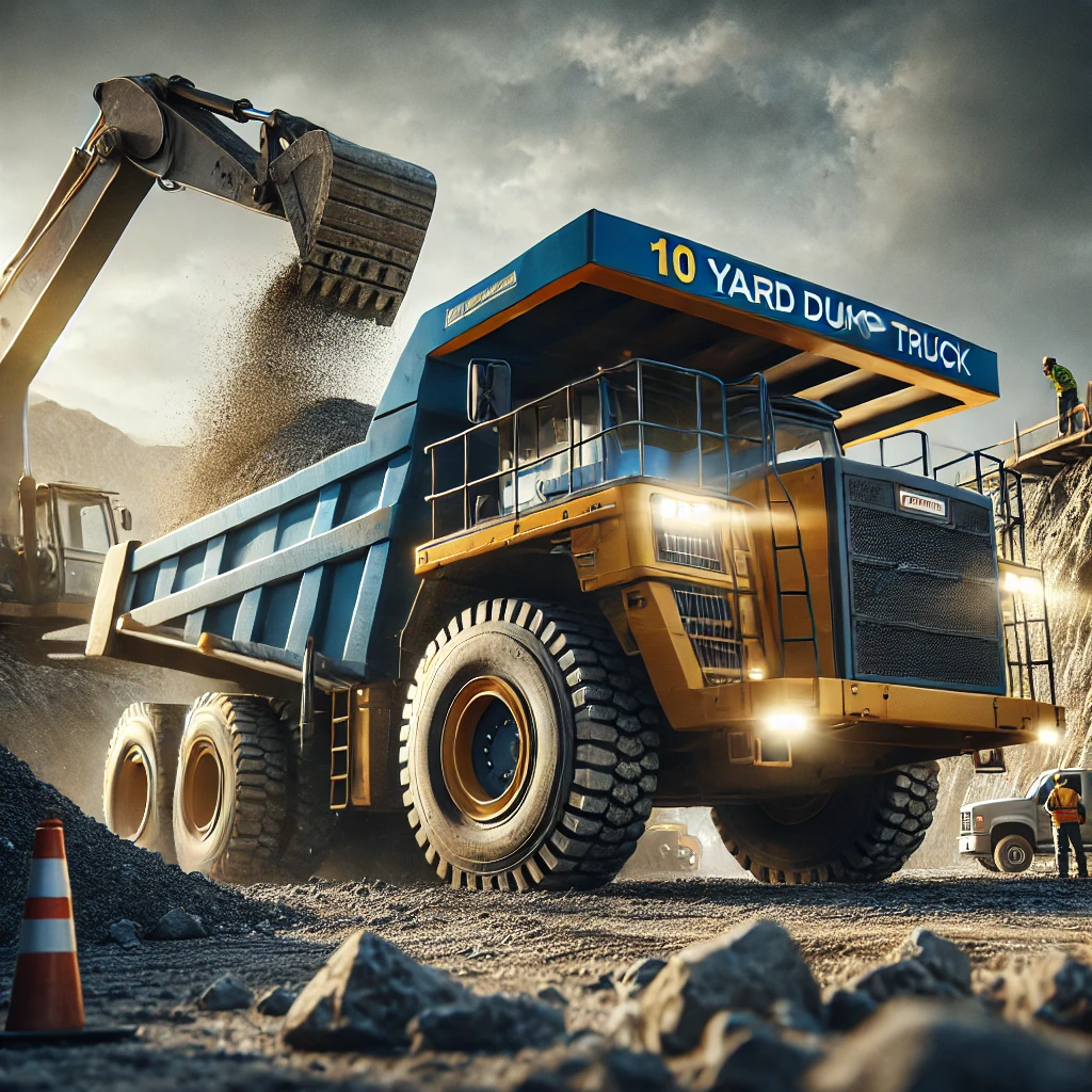 Blue and yellow 10-yard dump truck unloading soil at a mid-scale construction site with workers, cones, and excavators nearby.