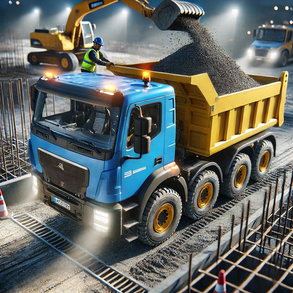 Blue and yellow 5-ton dump truck unloading gravel at a compact construction site with workers, cones, and rebar nearby.