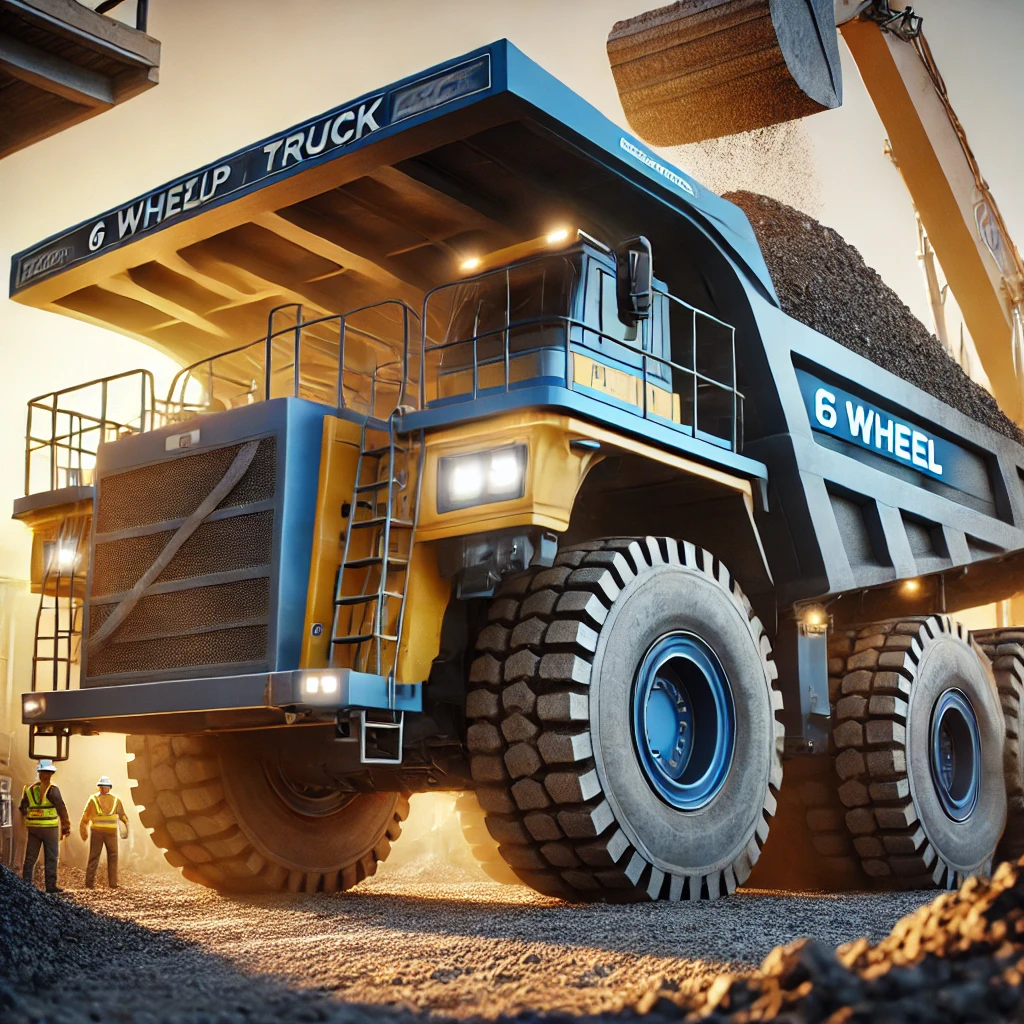Blue and yellow 6-wheel dump truck unloading gravel or debris at a construction site with its hydraulic bed raised.
