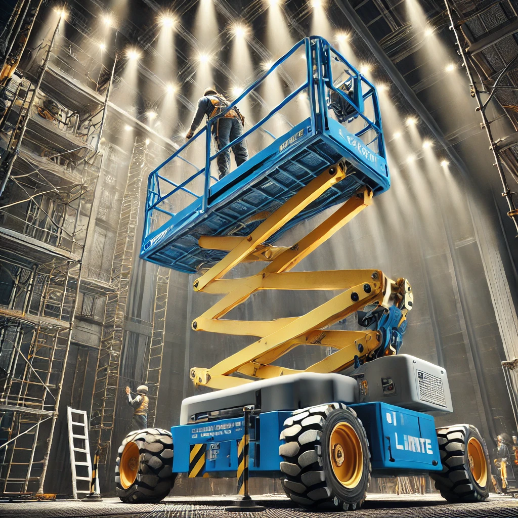 Blue and yellow aerial work platform fully extended with a worker in a harness performing maintenance on a building facade at a construction site.