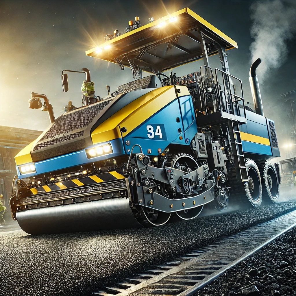 Blue and yellow asphalt paver laying fresh black asphalt at a road construction site, with steam and workers in the background.