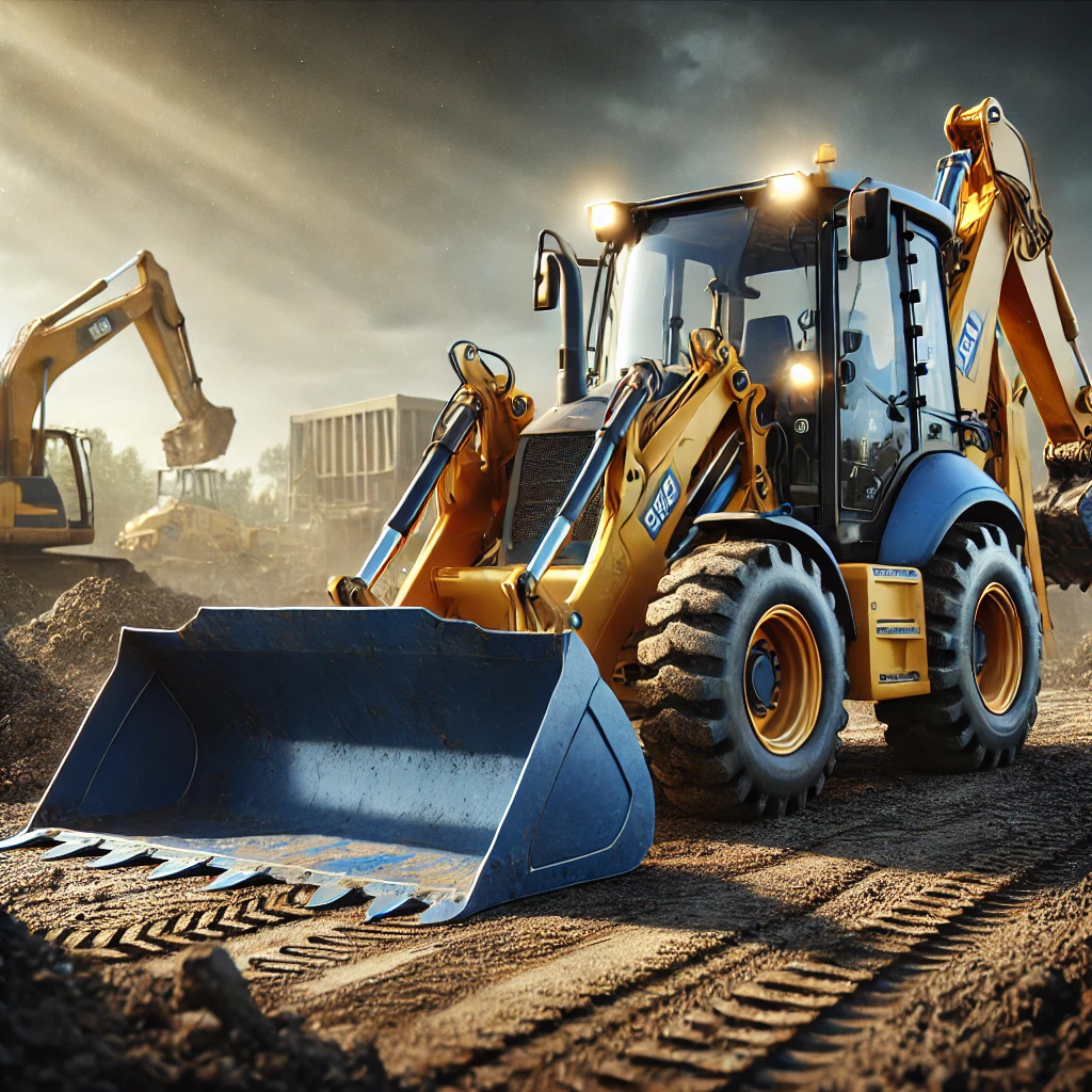 Blue and yellow backhoe loader at a construction site, equipped with a front bucket and rear excavator arm, in a high-definition cinematic setting.