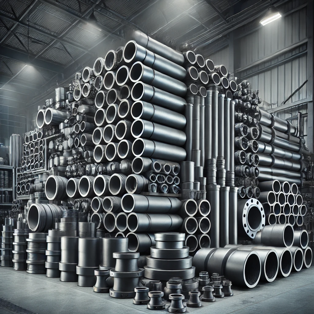 High-definition image of carbon steel pipes, fittings, and flanges used in various industrial applications by Mehwar Al Madar.