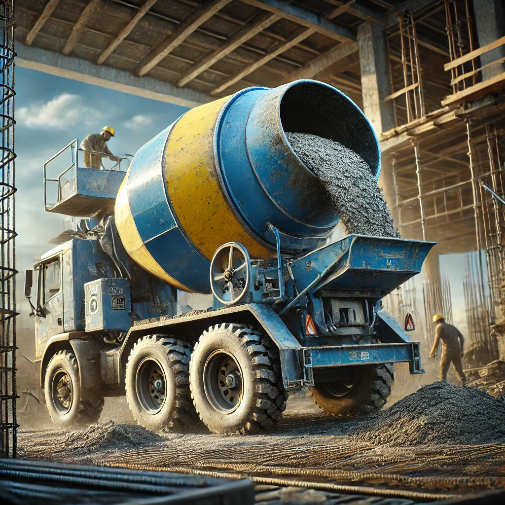 Blue and yellow concrete mixer pouring fresh concrete into a wheelbarrow at a construction site with materials and workers nearby.