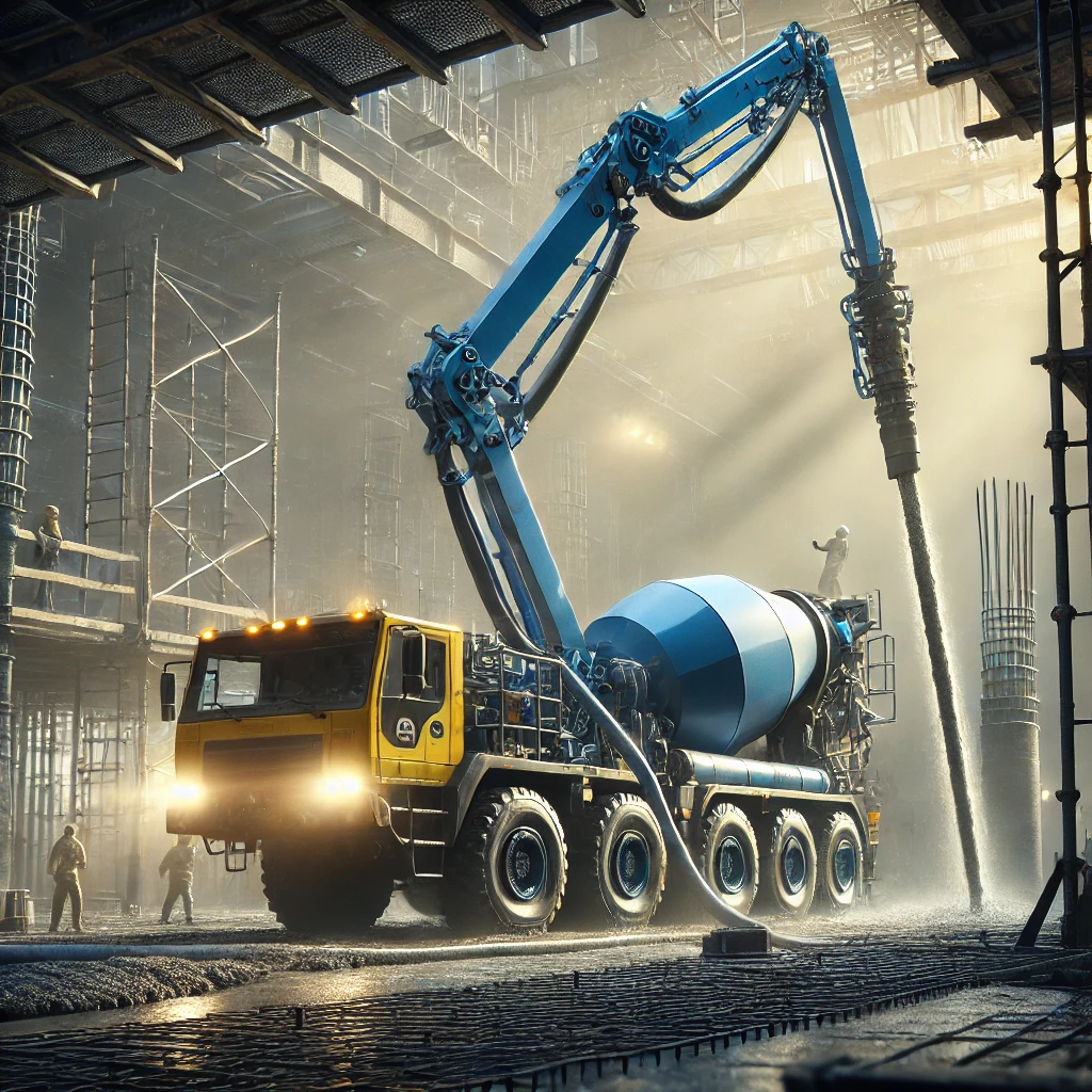 Blue and yellow concrete pump with extended boom delivering wet concrete to an elevated slab at a construction site.