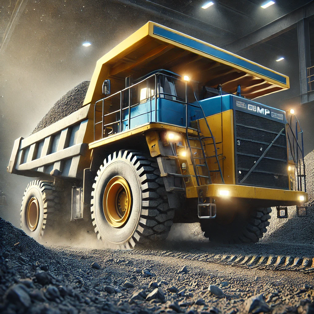 Blue and yellow dump truck at a construction site with a tilted bed carrying gravel, shown in a high-definition cinematic shot.