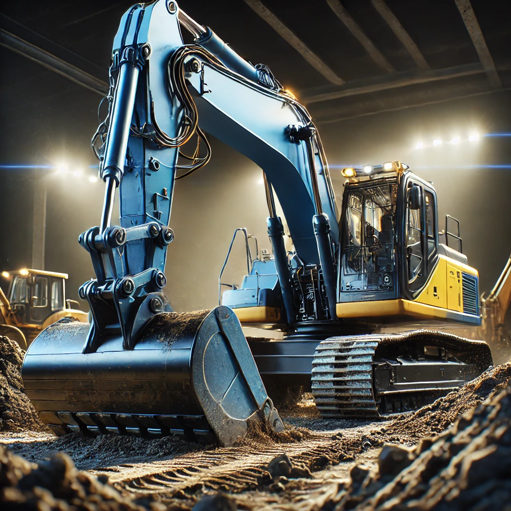 High-definition cinematic image of a blue and yellow excavator on a construction site, highlighting its use for digging, trenching, demolition, and lifting.