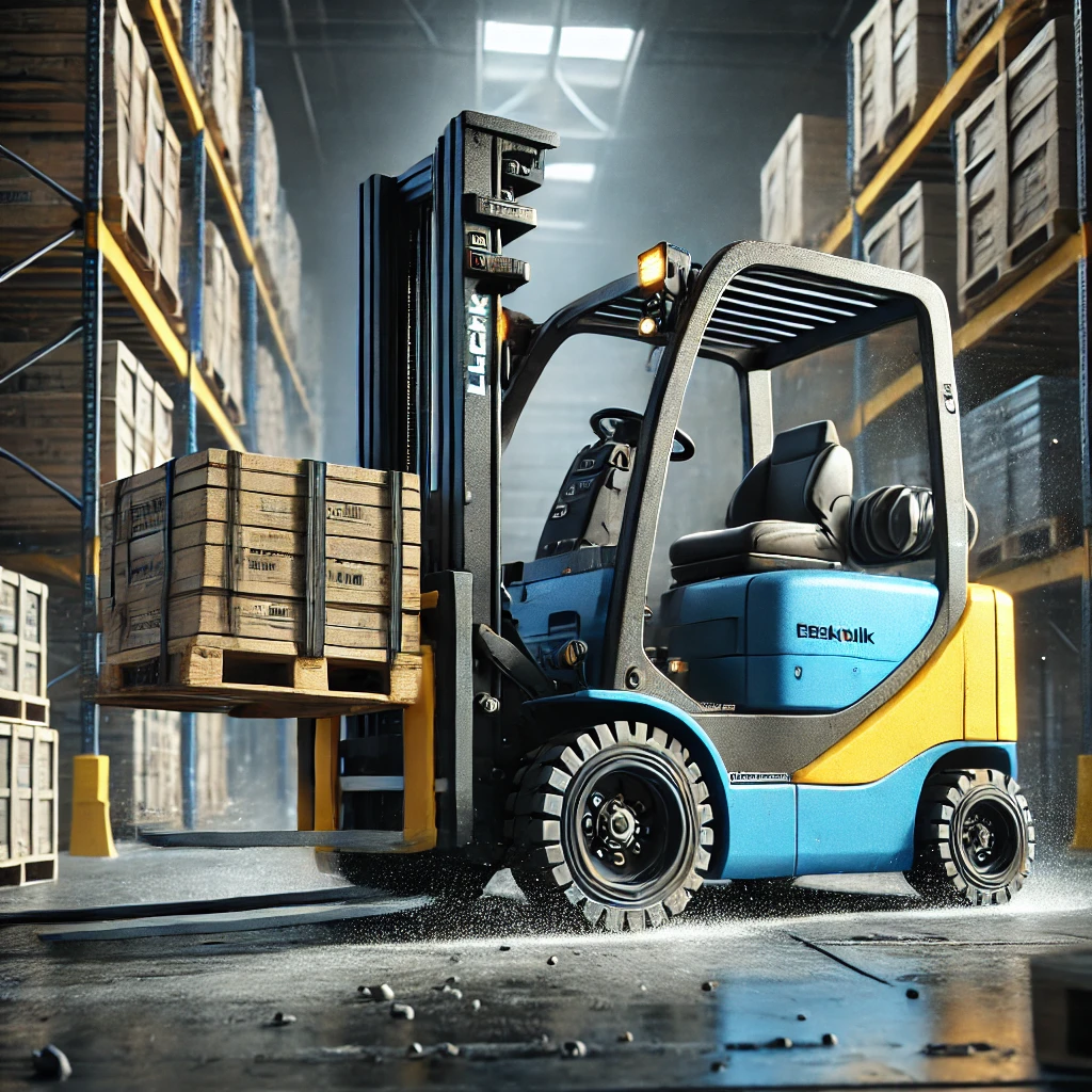 Blue and yellow forklift lifting a heavy pallet at a construction or warehouse site, captured in a high-definition cinematic image.