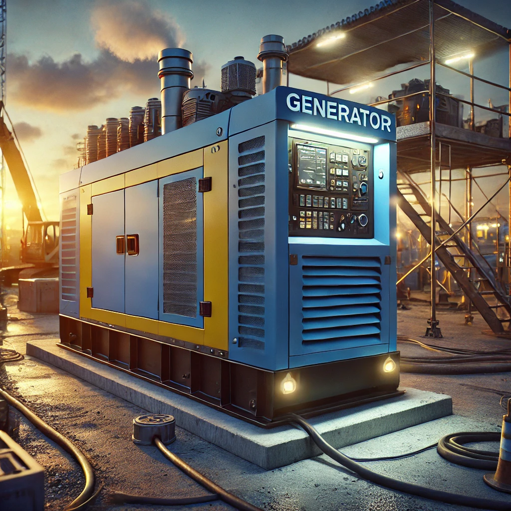 Blue and yellow industrial generator running at dusk on a construction site, with power cables, control panels, and steam visible.