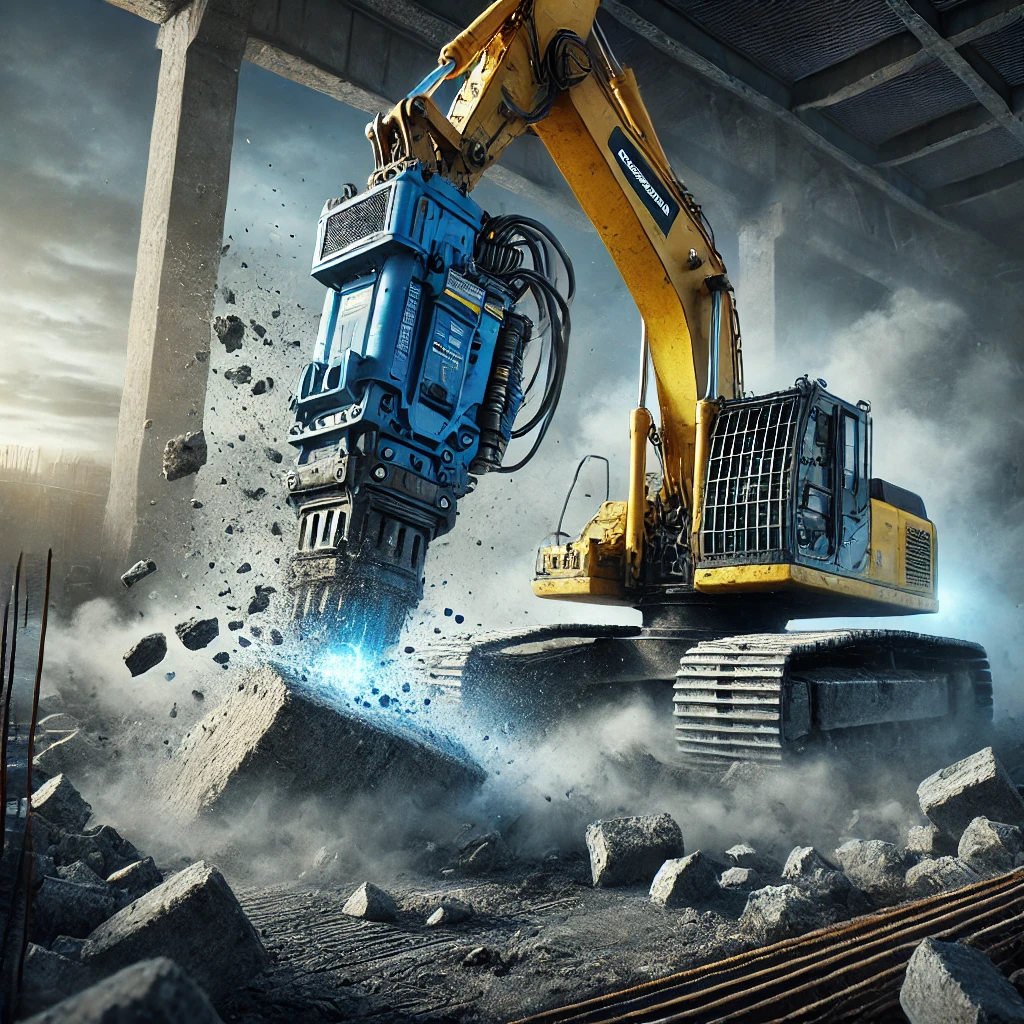 Blue and yellow hydraulic hammer mounted on an excavator breaking a concrete slab with debris and dust at a construction site.