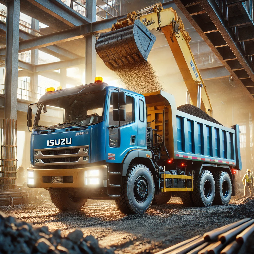 Blue and yellow Isuzu dump truck unloading soil or gravel at a construction site, with a hydraulic bed raised.