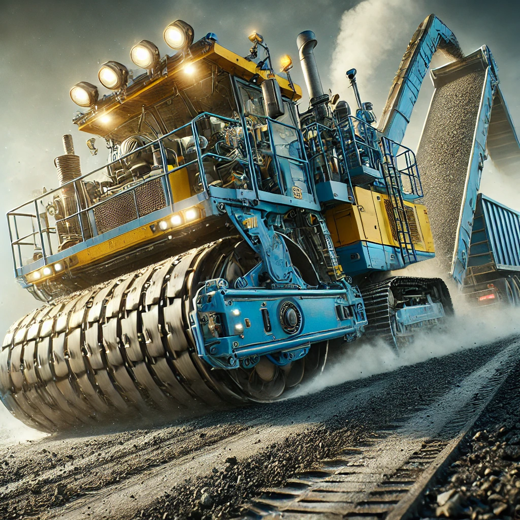 Blue and yellow milling machine removing asphalt with conveyor feeding material into a truck at a construction site.