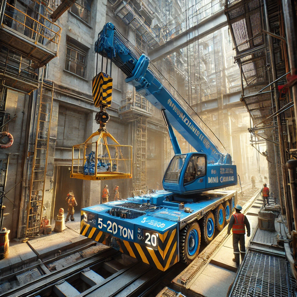 Compact blue and yellow mini crane lifting a steel beam in a confined urban construction space, with workers guiding the load.