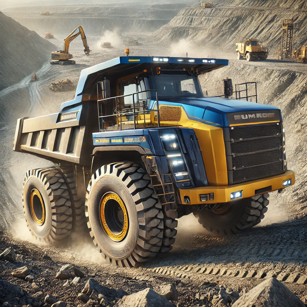 Heavy-duty blue and yellow off-road dump truck hauling rocks on rugged terrain with steep slopes, dust, and excavation in the background.
