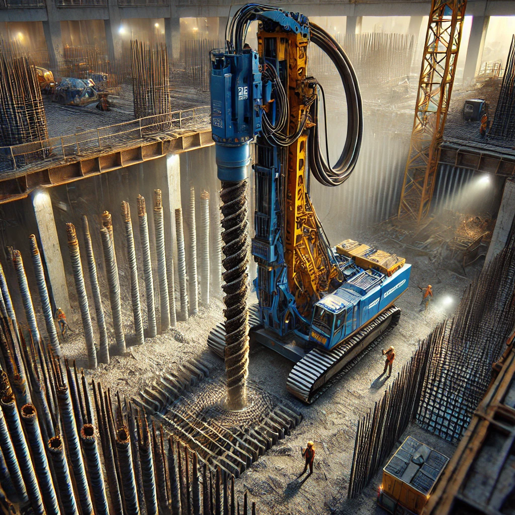 Blue and yellow piling rig drilling deep into the ground at a construction site, with rebar, formwork, and soil displacement visible.