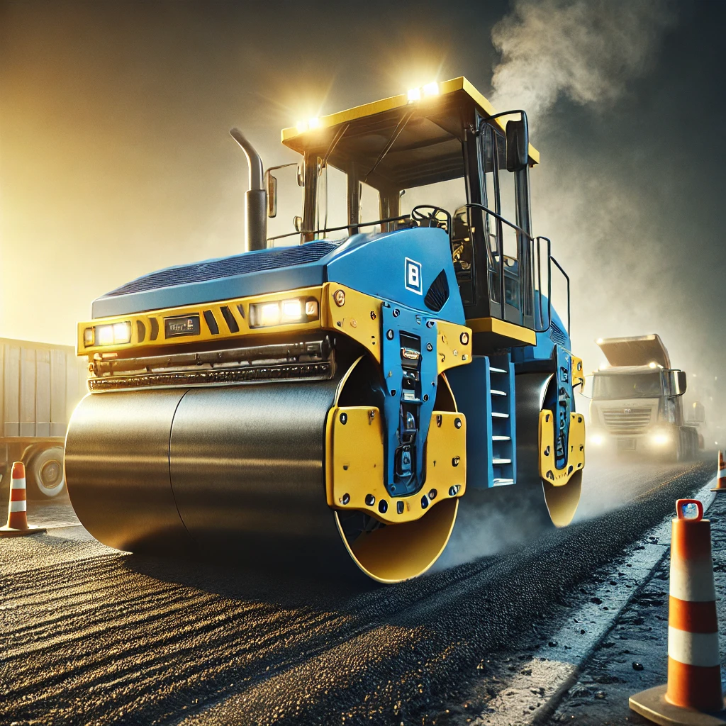 Blue and yellow road roller compacting hot asphalt at a road construction site with steam and traffic cones in the background.