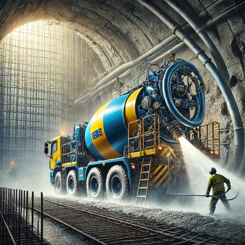 Blue and yellow shotcrete machine spraying concrete onto a vertical surface at a construction site, with workers guiding the nozzle.