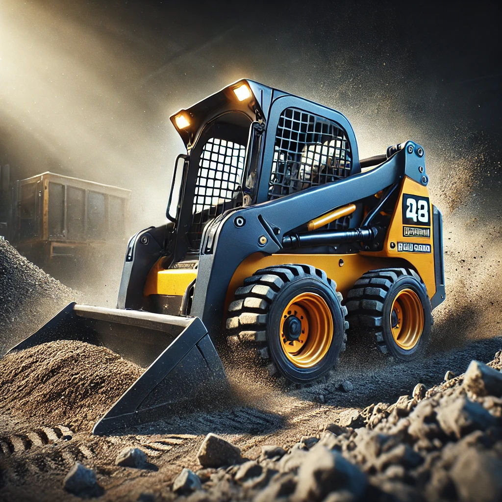 Blue and yellow skid steer loader operating on rugged terrain at a construction site, captured in a high-definition cinematic shot.