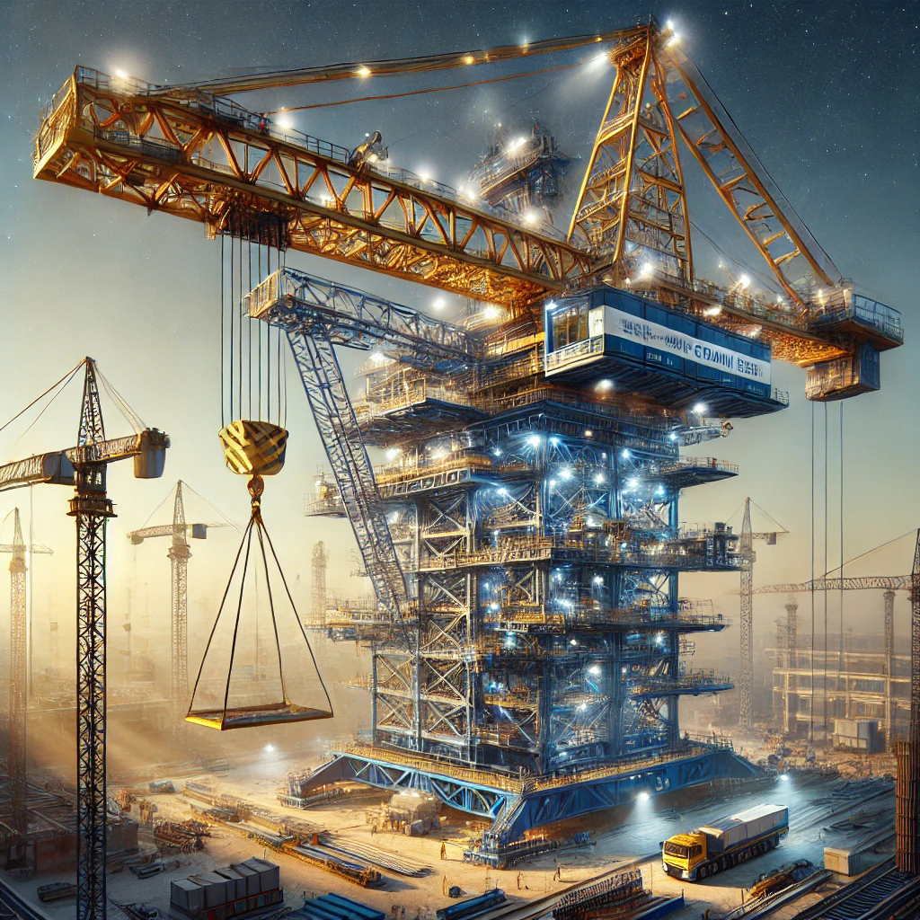 Blue and yellow tower crane lifting heavy materials like steel beams at a construction site, with workers guiding the load.