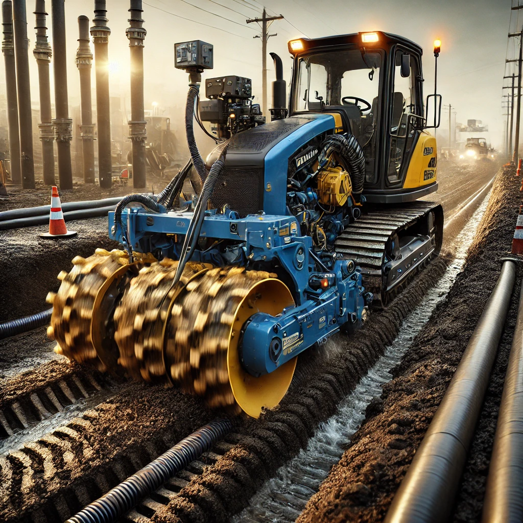 Blue and yellow trencher cutting a deep narrow trench at a construction site with soil piles, utility markers, and rotating cutting teeth in action.