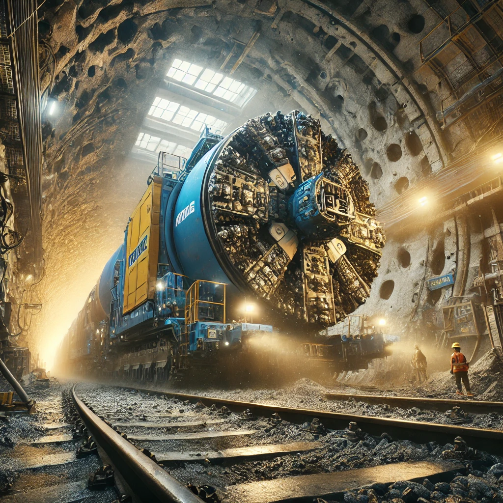 Blue and yellow tunnel boring machine cutting through soil inside an underground tunnel, with mechanical arms and conveyor belts moving debris.