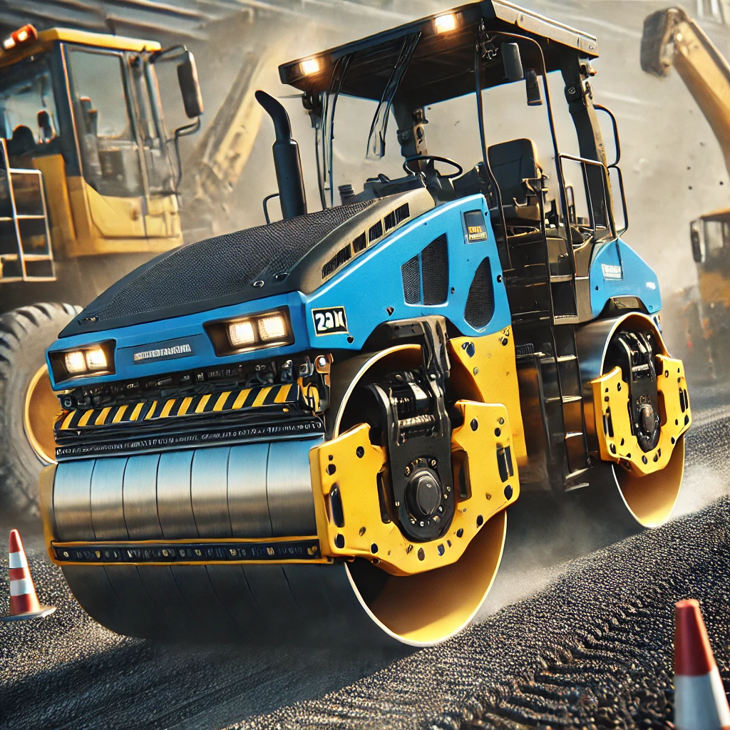 Blue and yellow vibratory roller compacting asphalt with visible vibration drums at a road construction site.