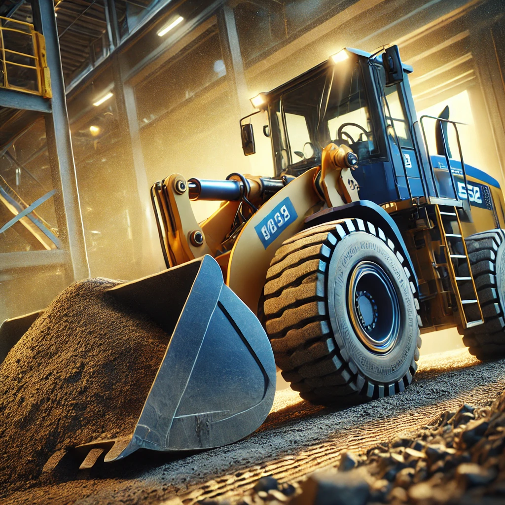 Blue and yellow wheel loader scooping earth at a construction site, shown in a high-definition cinematic product shot.