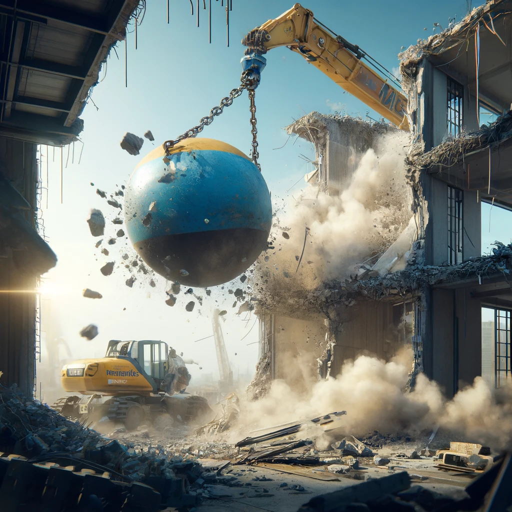 Blue and yellow wrecking ball mid-swing, demolishing a concrete building with dust, debris, and exposed rebar at a construction site.