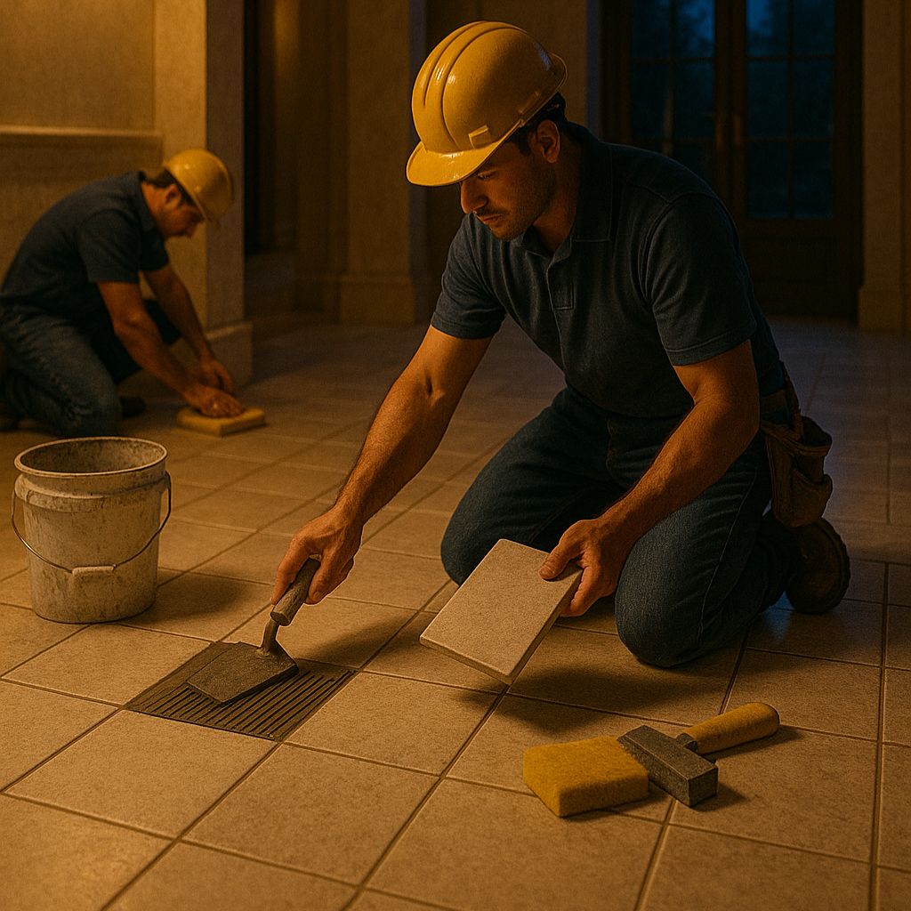 Workers replacing tiles and cleaning grout in a luxury villa hallway under soft evening lighting