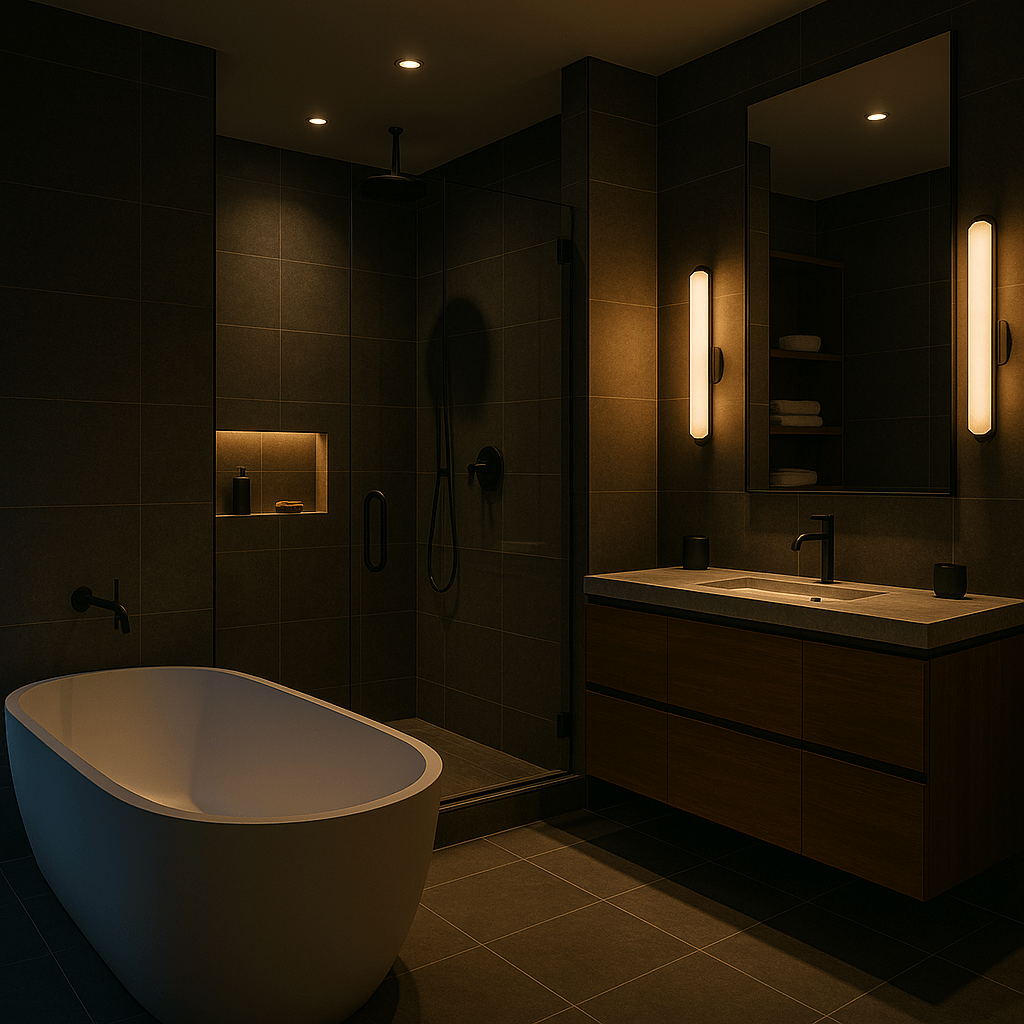 Renovation Contractor bathroom renovation in Riyadh featuring a modern spa-like design with freestanding tub and ambient lighting