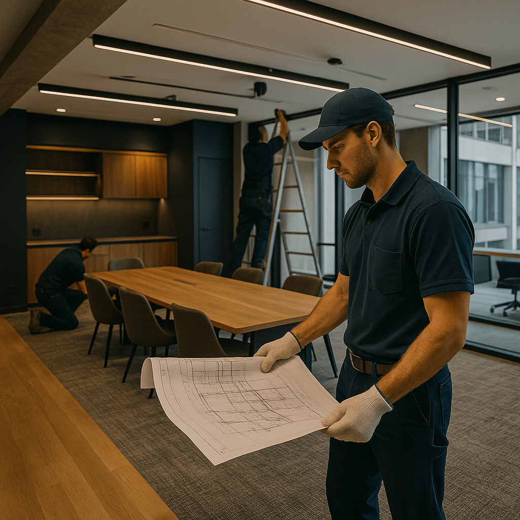 Renovation Contractor team in Riyadh working on a commercial office renovation with workers and architectural plans