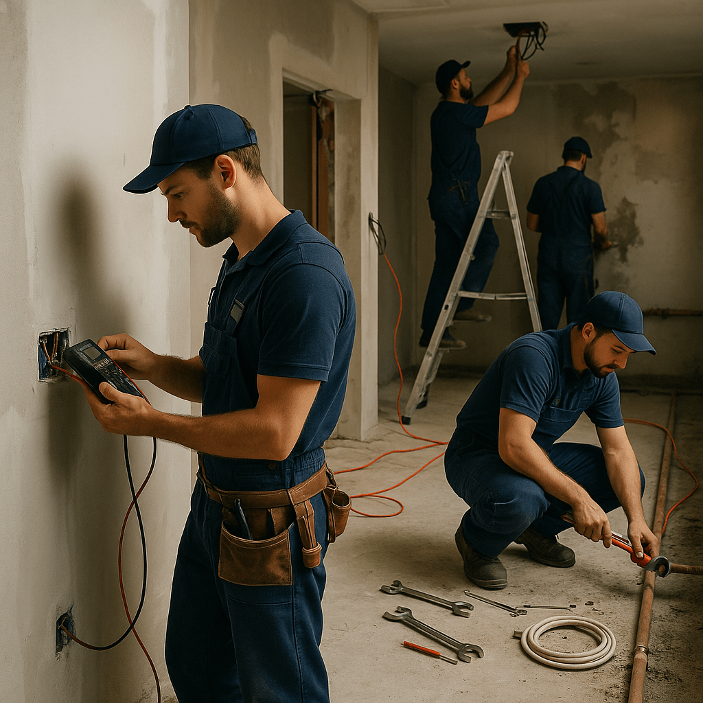 Renovation Contractor team in Riyadh performing electrical and plumbing upgrades with workers in navy uniforms