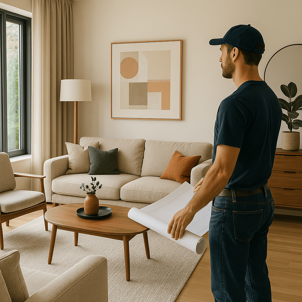 Renovation Contractor providing interior design and space planning services in Riyadh with designer reviewing living room layout
