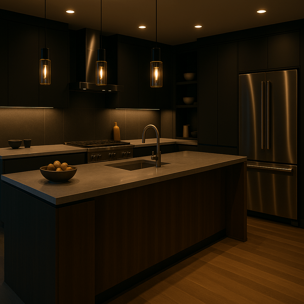 Renovation Contractor kitchen renovation in Riyadh with dark wood cabinetry, pendant lights, and a luxury finish at night