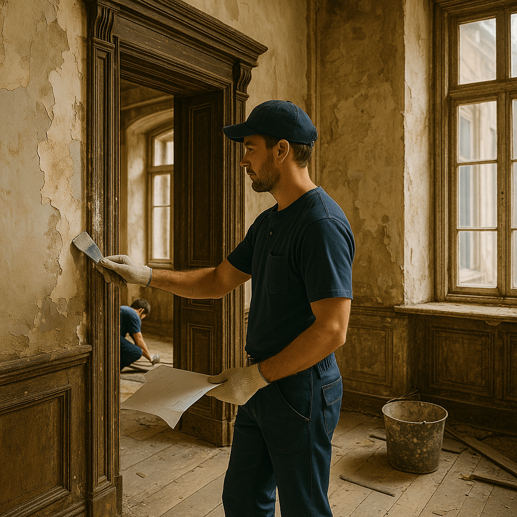 Renovation Contractor restoring an old home in Riyadh with detailed wall repair and preservation of historic features